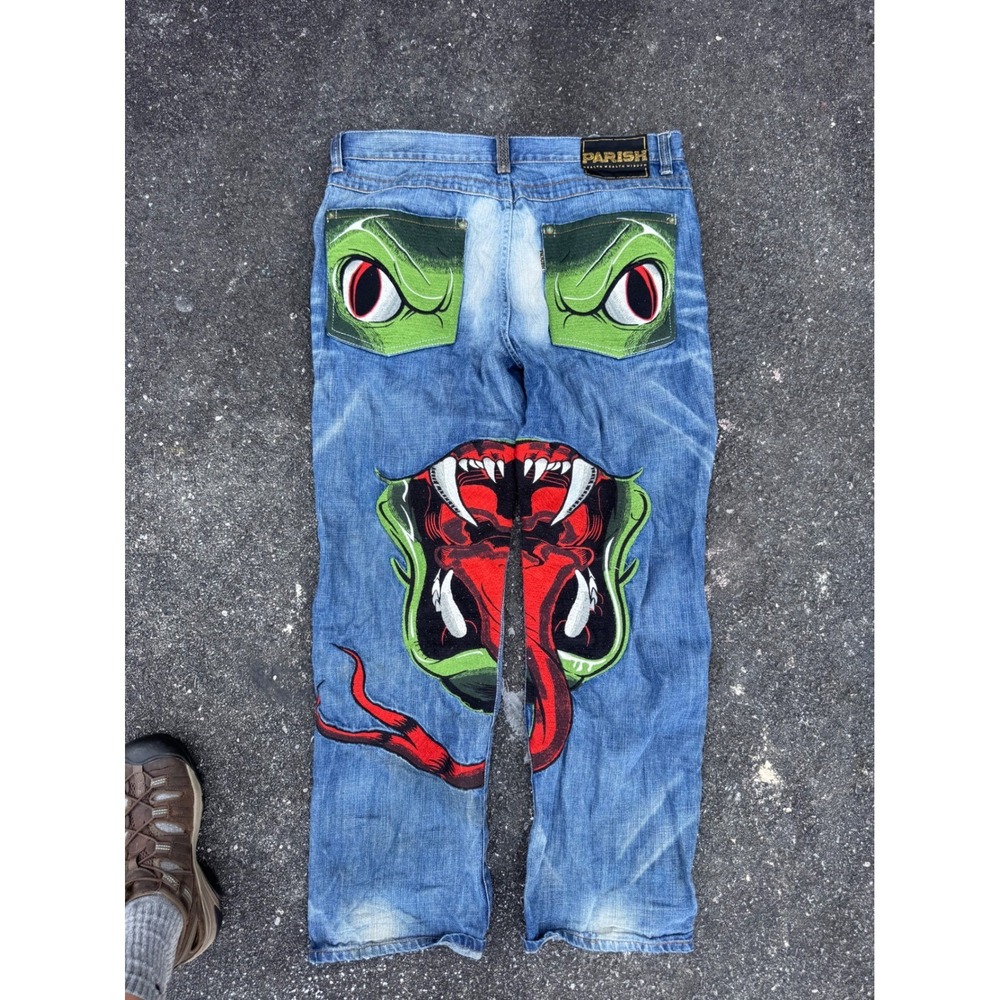 Parish Nation Mens Embroidered Snake Graphic Distressed Streetwear Jeans Blue 38